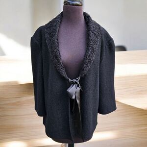 Y2k Black Boiled Wool Ribbon Bow Cardigan Sweater Wimsy Goth Dark Academia XL